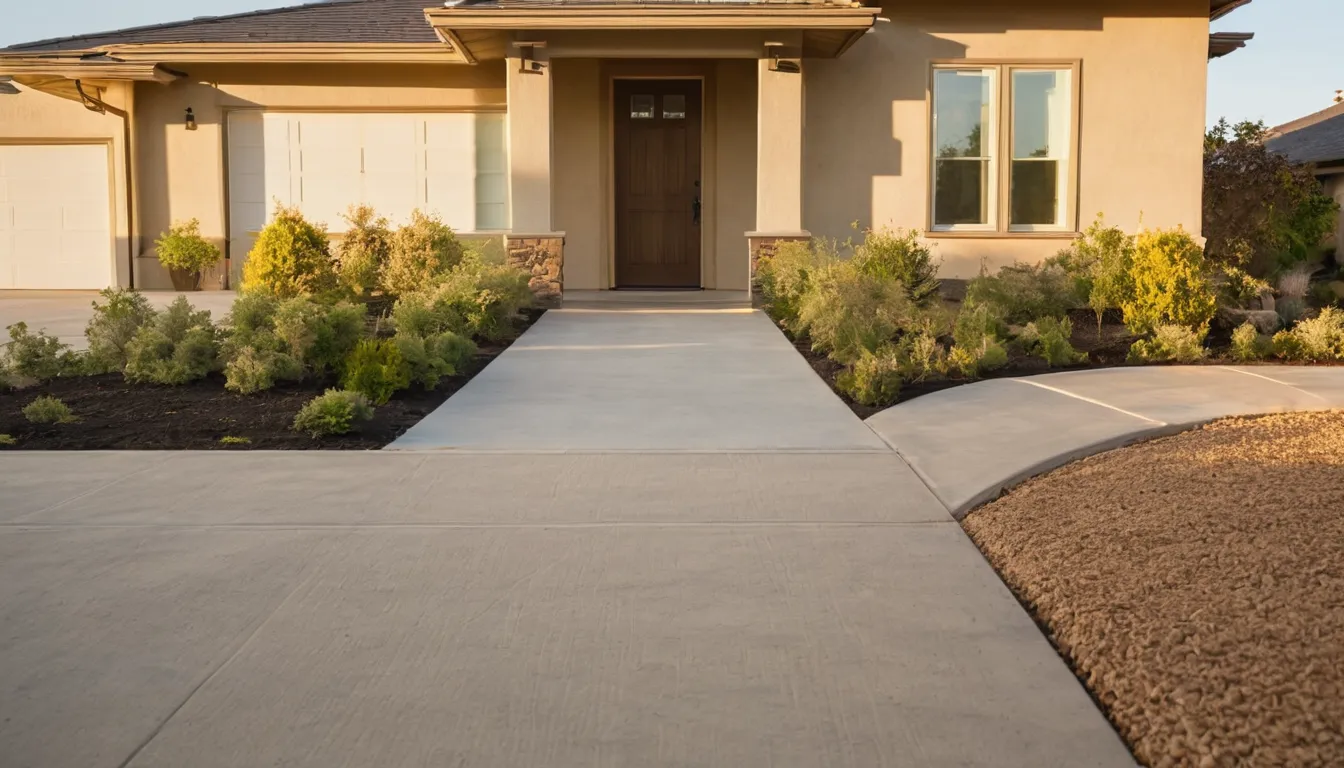 A newly poured concrete driveway in front of a stucco ranch home in Santee
